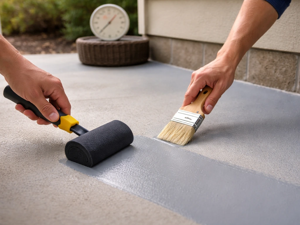 Hands applying an even coat of patio paint to a clean, dry concrete surface with a blurred thermometer nearby