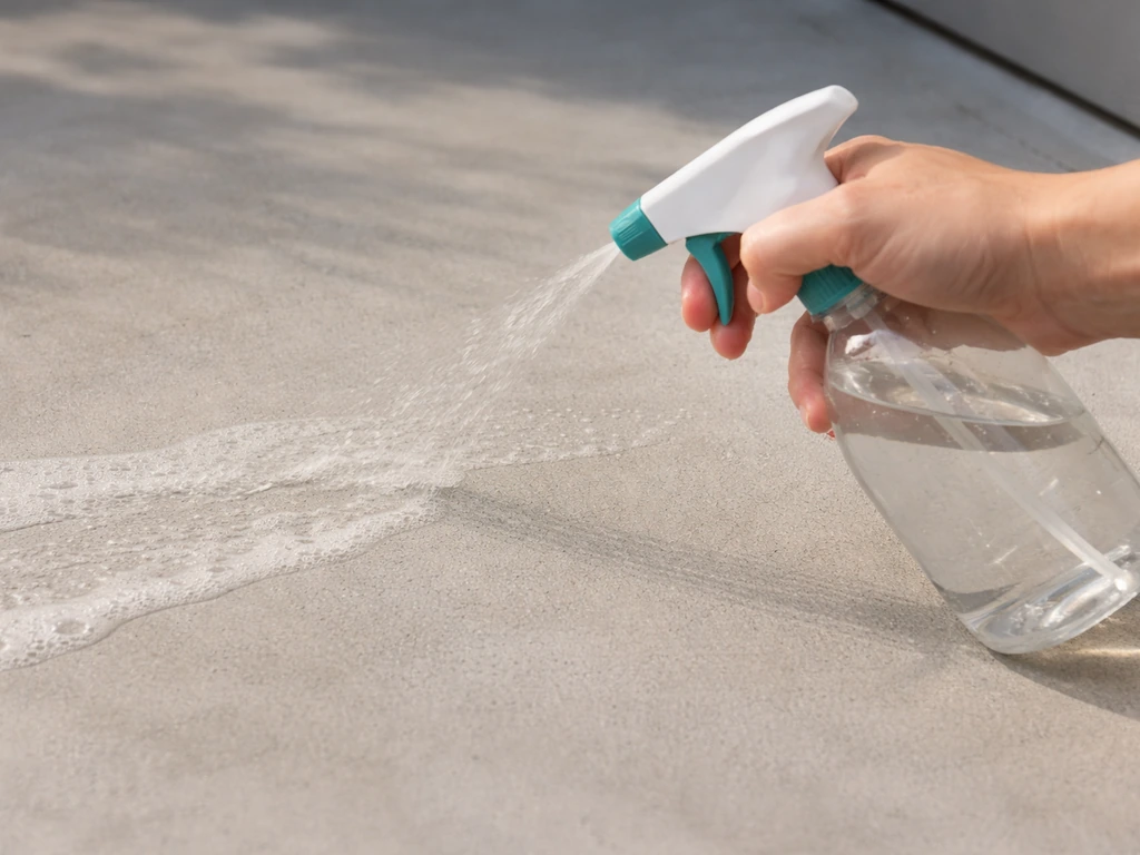 Hand gently rinses an outdoor painted patio surface with hot water and mild soap using a spray bottle.