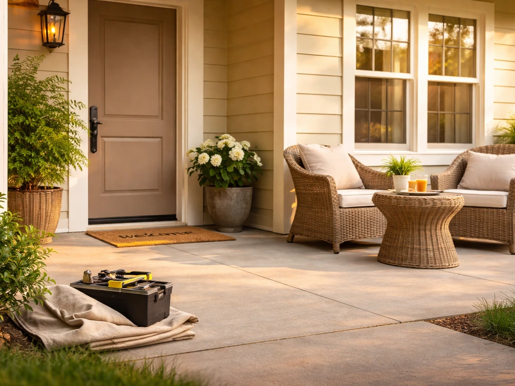 Sunlit porch and patio with quality outdoor furniture, potted plants, and a small toolbox near the entrance.