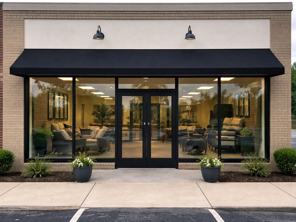 Exterior of a Fort Wayne storefront showroom for a porch and patio business, with plants and glass windows.