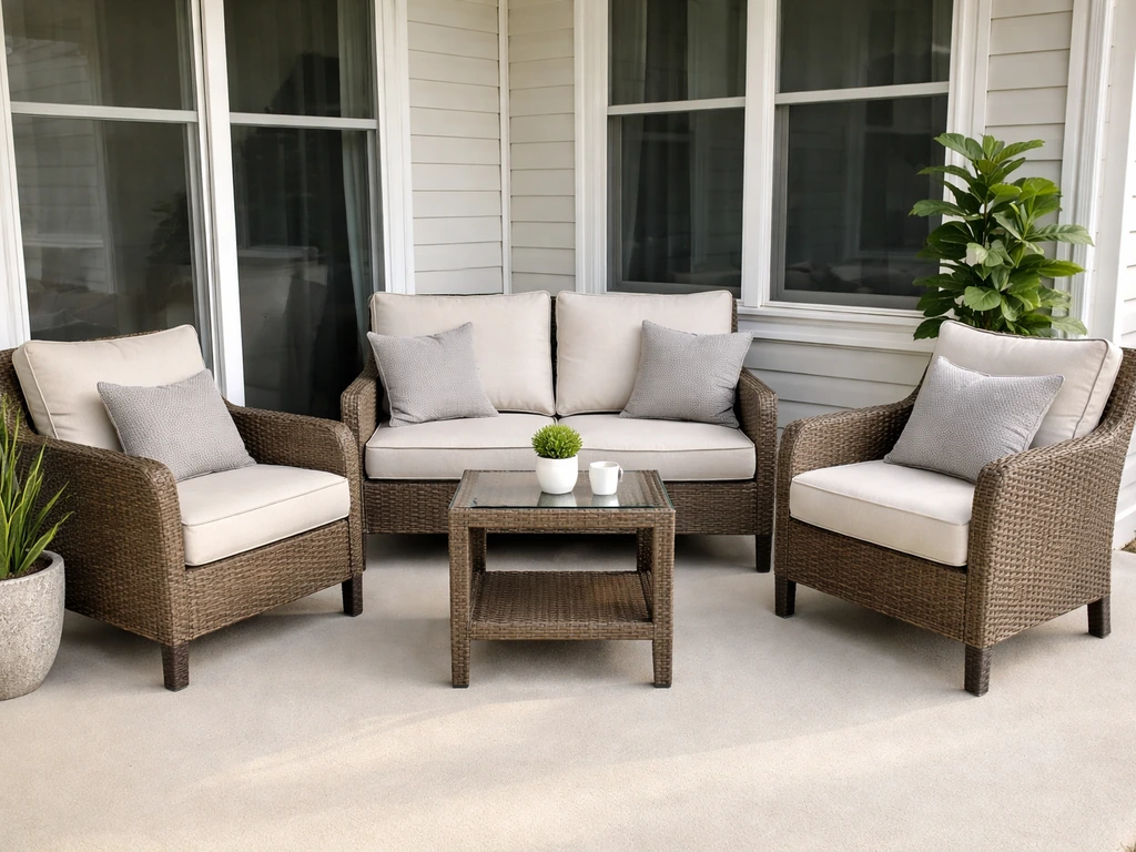 Assembled outdoor patio seating set on a clean porch with cushions and potted plants.