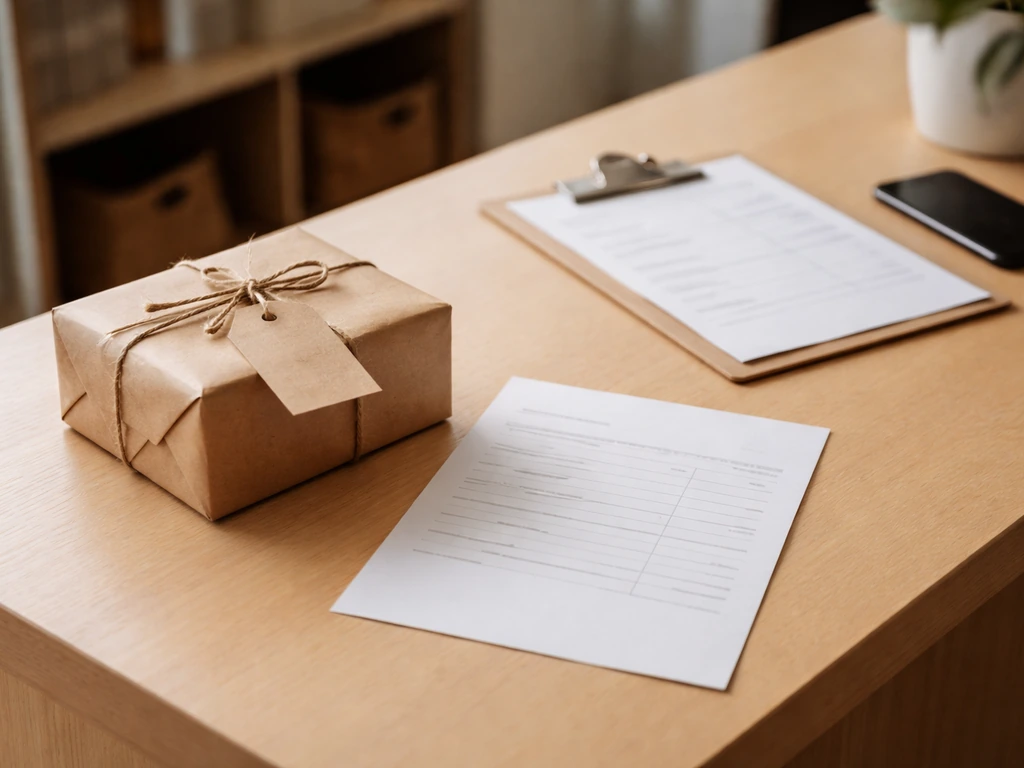 Small retail checkout counter with parcel and blank itemized fee sheet to suggest clear delivery and setup pricing.
