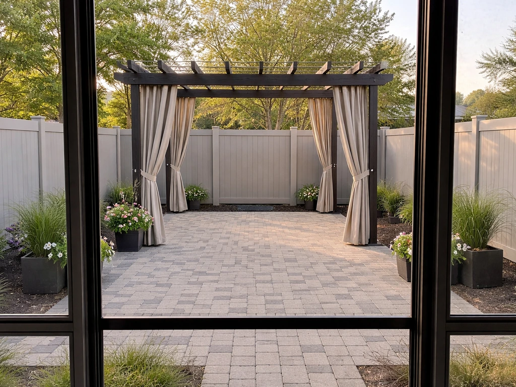 Homeowner’s view of a finished paver patio enclosure with pergola and privacy panels in a Lewes backyard.