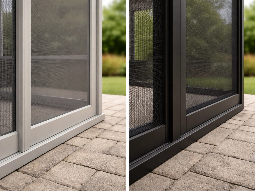 Close-up side-by-side patio screen and aluminum framing options on a simple outdoor surface.