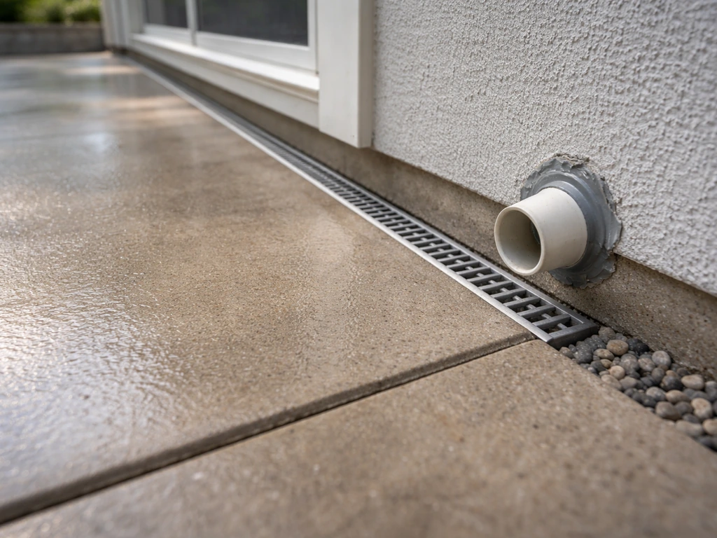 Minimal photo of a patio edge showing correct slope, drainage line, and sealed house penetration