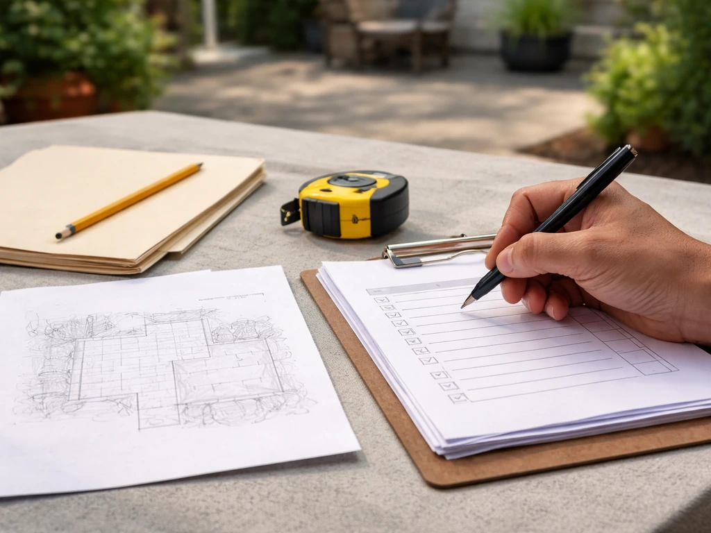 Close-up of contractor paperwork and a simple patio sketch beside a tape measure on a worktable