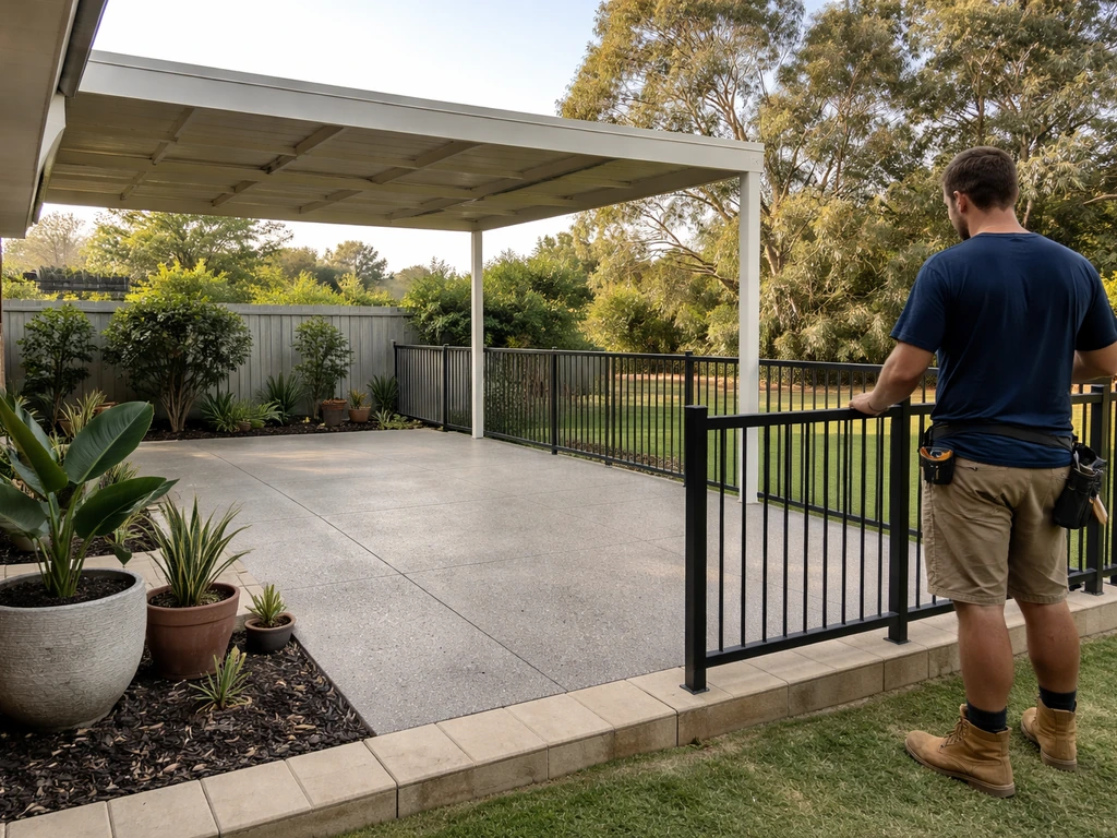 Tidy Wanneroo backyard with a newly built patio and pergola, tradesperson inspecting finished outdoor work.