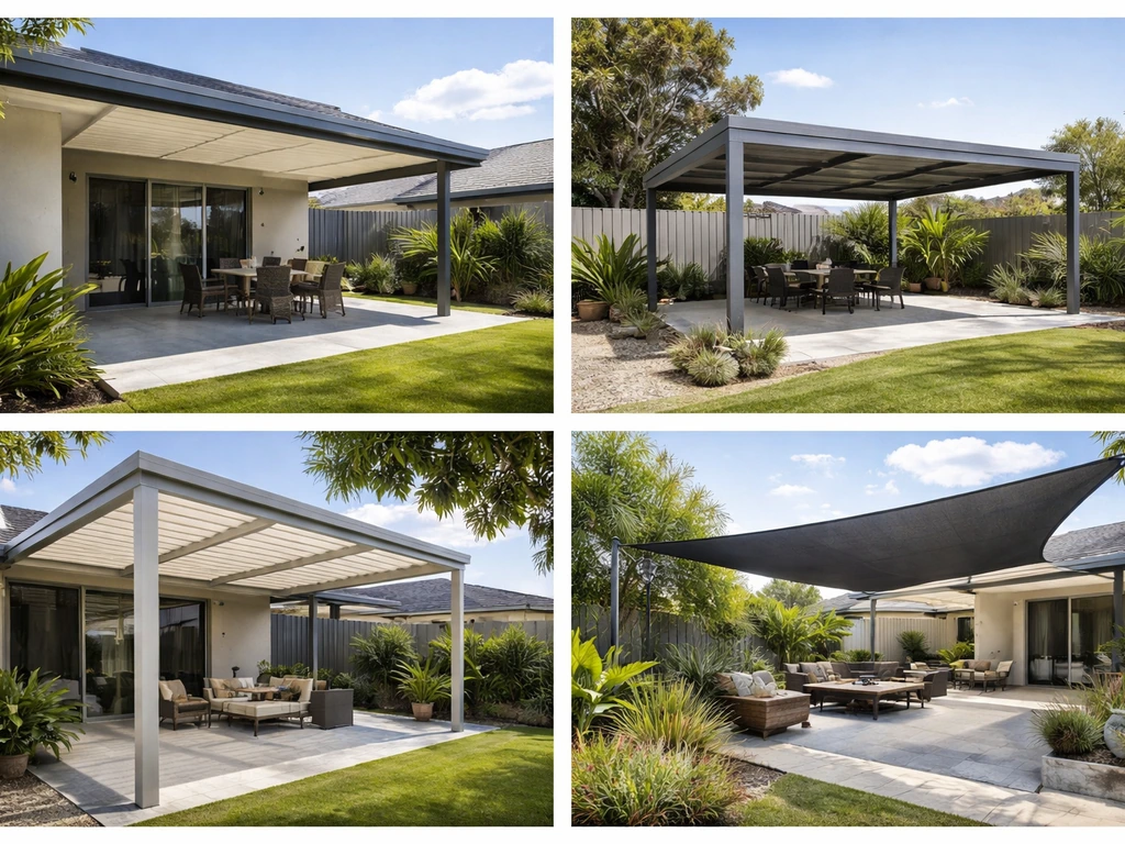 Minimal collage of backyard patio, Colorbond-style fencing, pergola beams, and a shade sail for outdoor living