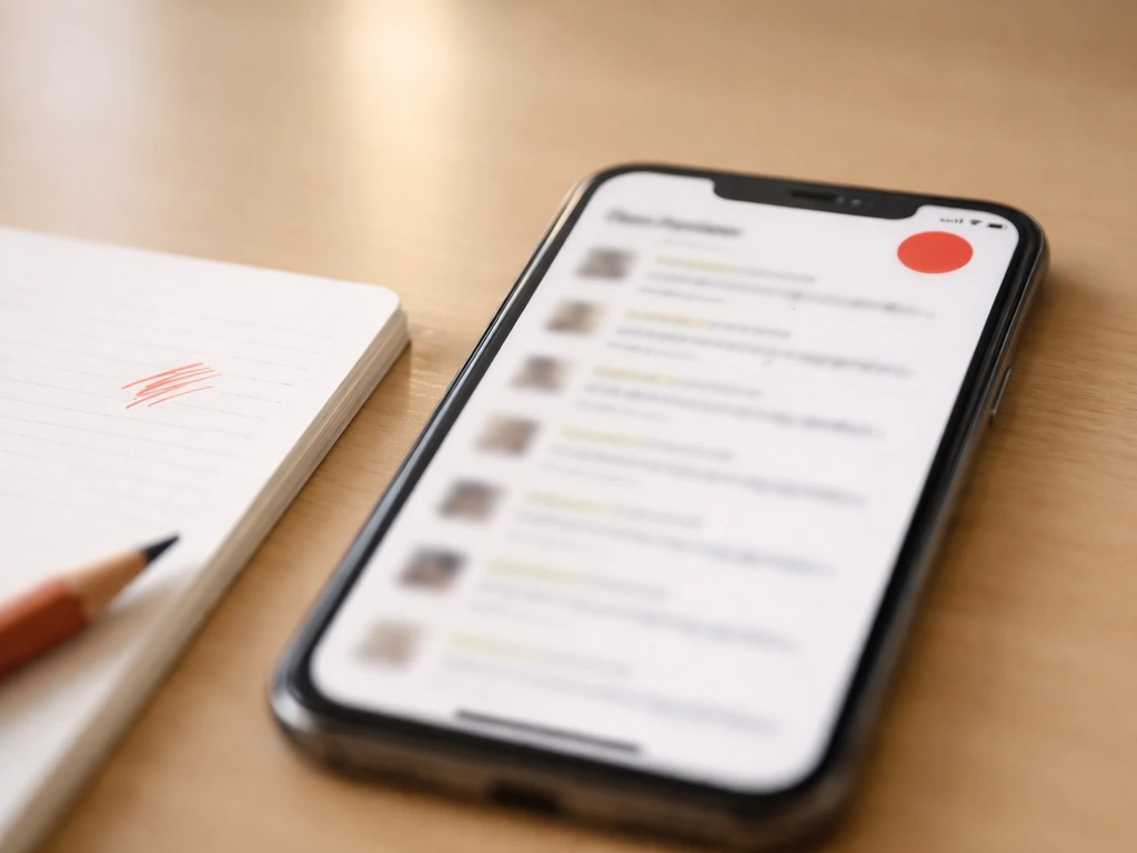 Smartphone on a desk with blurred reviews and a red attention marker suggesting suspicious review bursts.