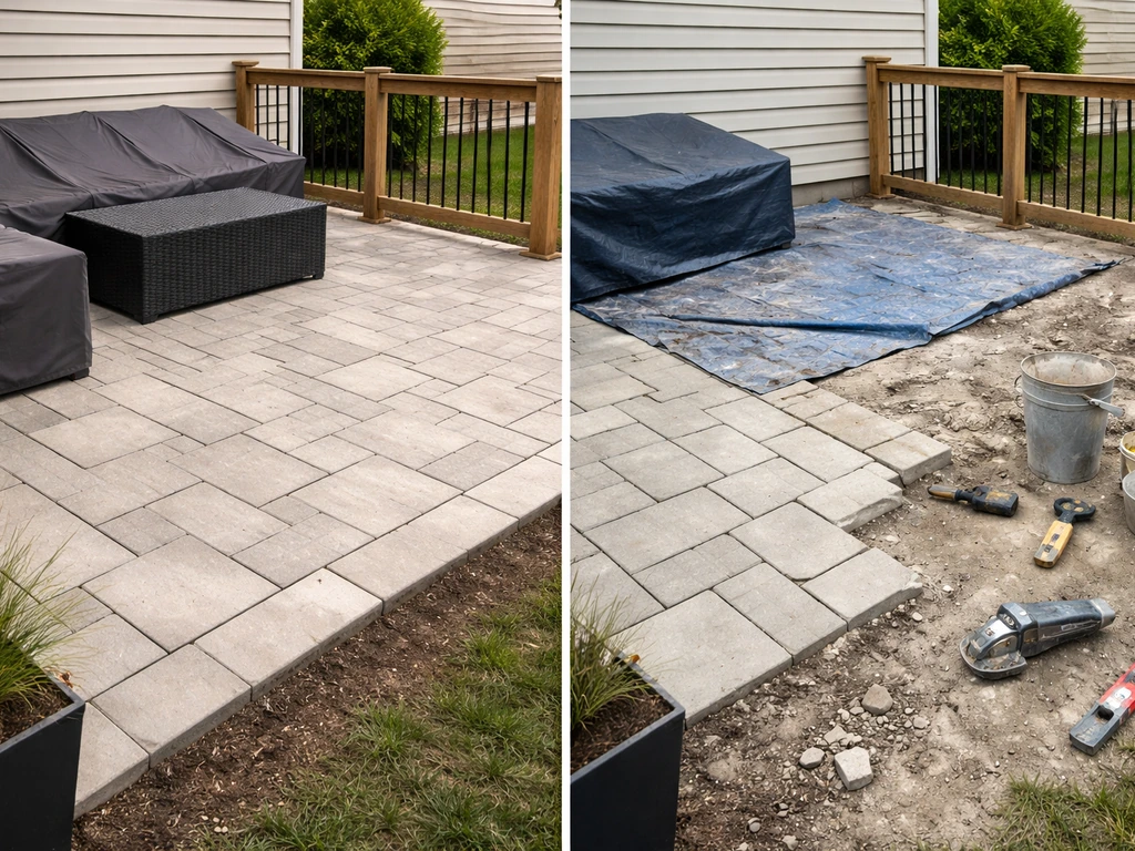 Split photo of a finished patio on one side and an unfinished, delayed patio on the other.