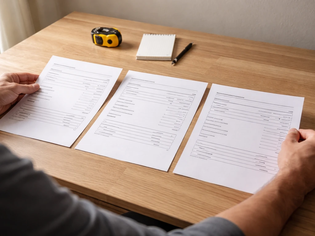 Hands comparing three patio builder quote documents on a table with measuring tape nearby.