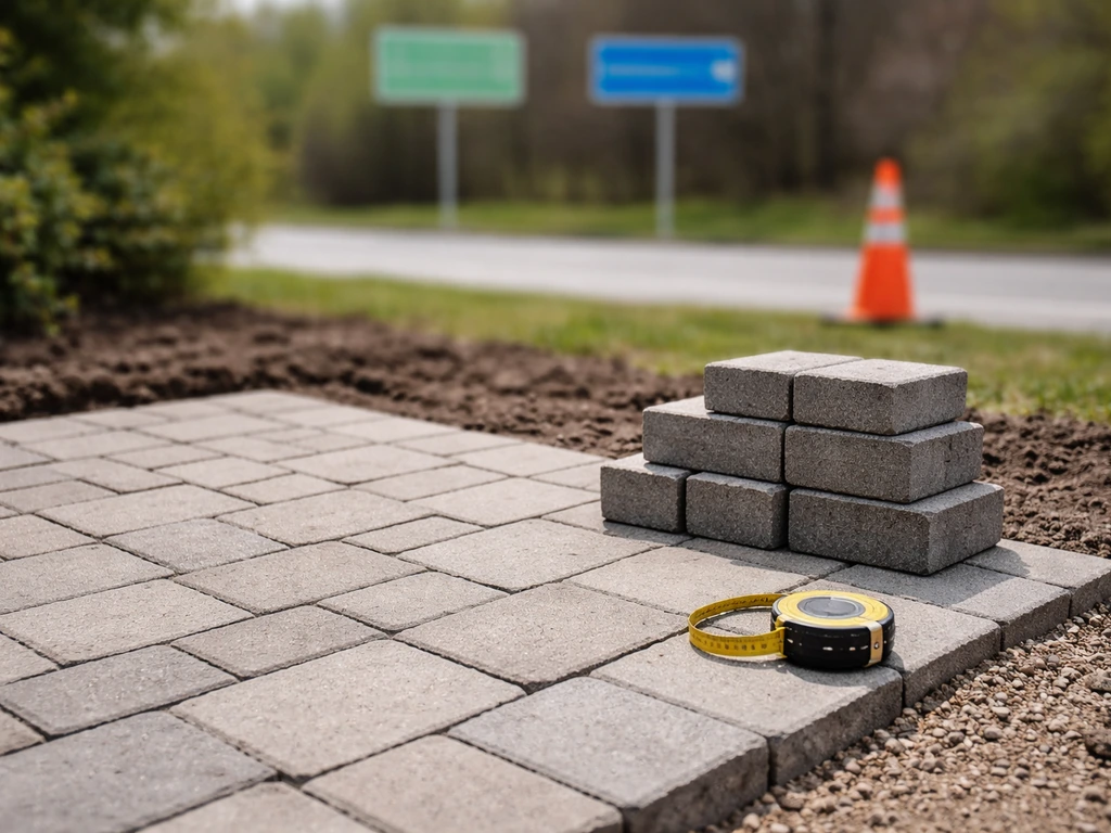 Close-up of a newly built patio with pavers and a hint of two different location signs in bokeh