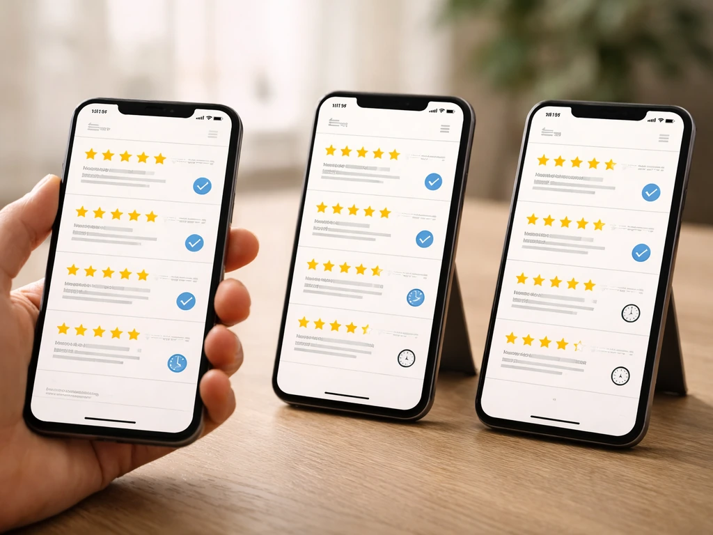 Hand over three angled phone screens showing generic contractor review pages with credibility icons.