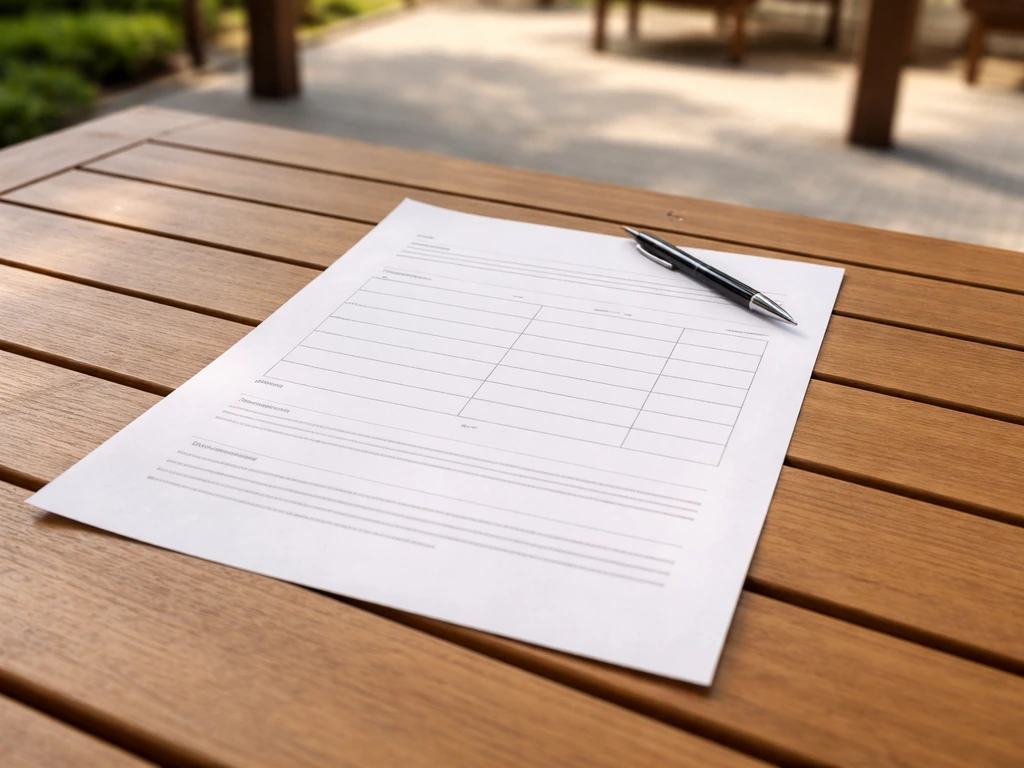 Patio contract draft on a table with blank pricing and warranty line items beside a pen.