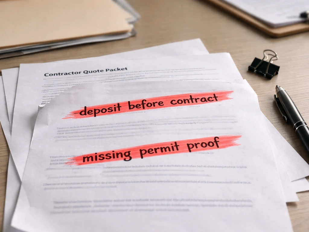 Contract and quote papers on a table with red highlighter marks indicating risky deposit and missing permit proof.