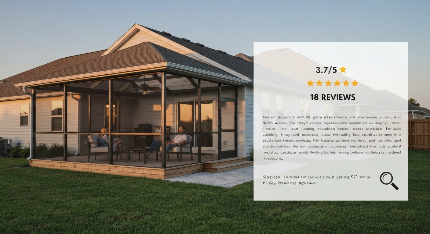 Modern screened patio enclosure with an overlaid 3.7/5 rating badge and '18 reviews' badge, people relaxing inside.