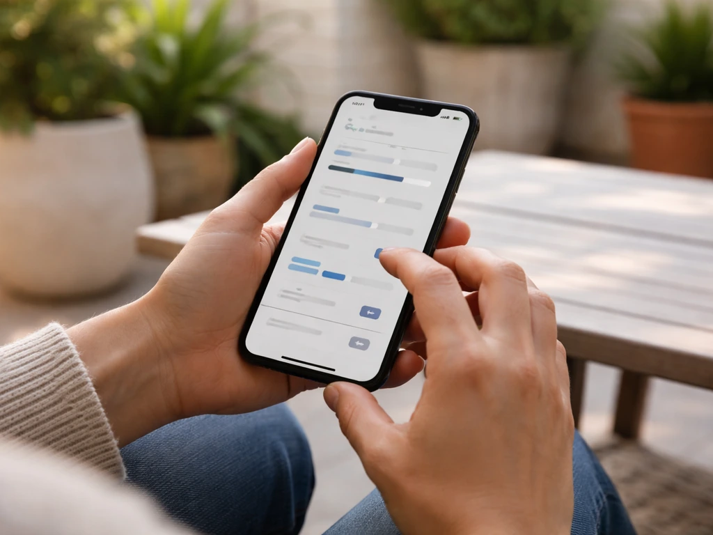 Hands using a smartphone on a patio with blurred review filters for price, verified contractors, and date.