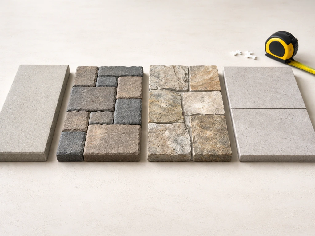 Tabletop side-by-side samples of patio materials: concrete slab, pavers, natural stone, and porcelain pavers.