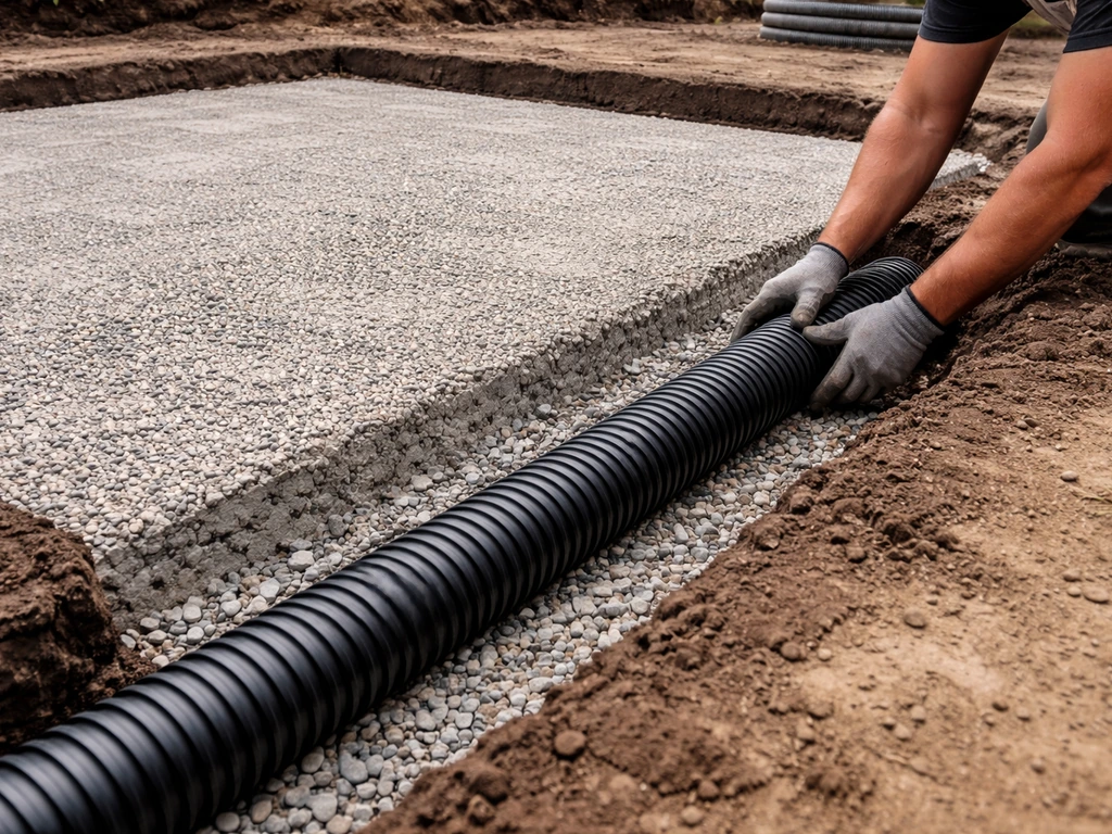 Excavated patio base with compacted layers and a perforated drainage pipe being placed