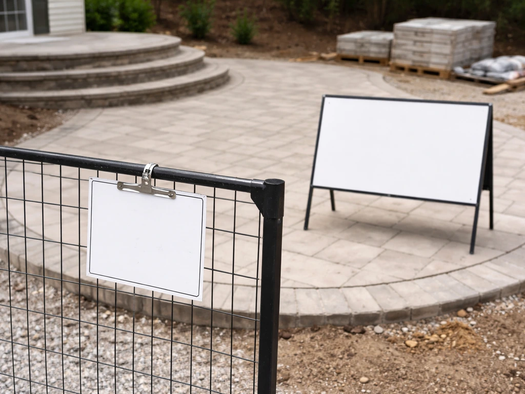 Permit/inspection placard on patio fencing with a simple jobsite sign and curved patio construction in view.