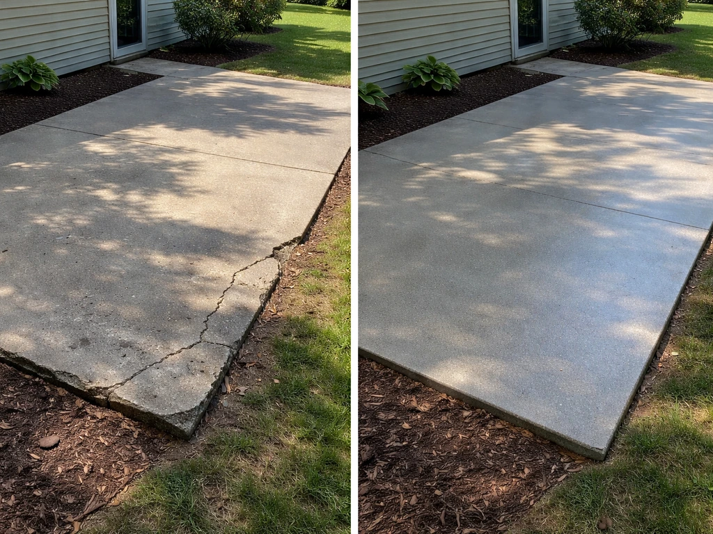 Before/after of a concrete patio: uneven cracked left, leveled and sealed right.