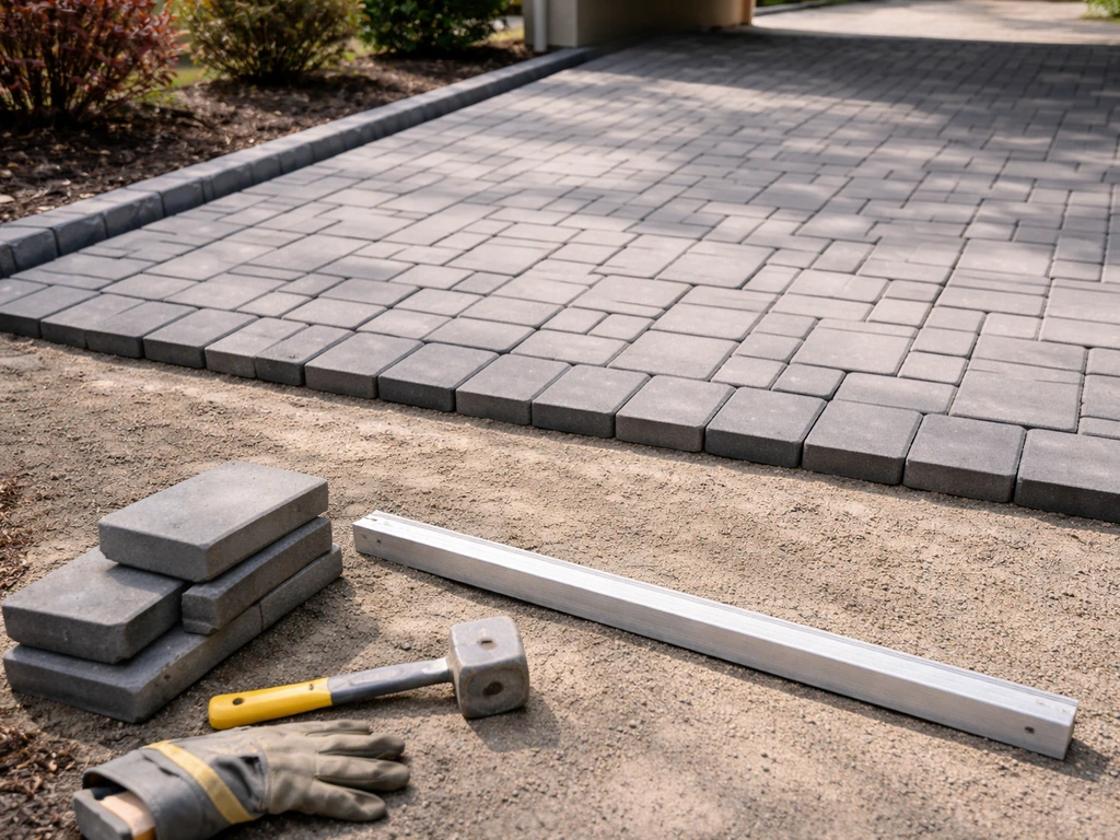 Newly laid driveway/patio stones mid-install with edging and tools nearby, showing workmanship before hiring.