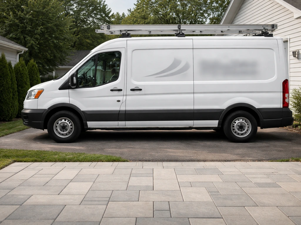 Front-on view of a contractor van and driveway/patio area with clear company-style branding