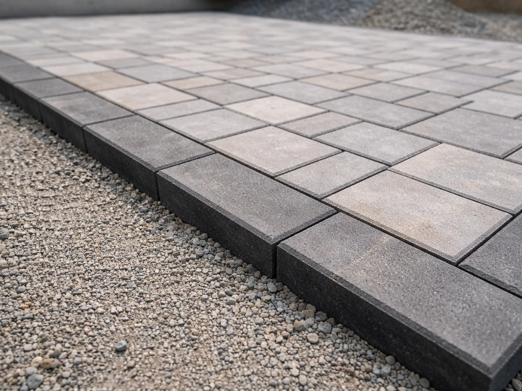 Close-up of neatly edged driveway base with compacted gravel and consistent paver-laying pattern