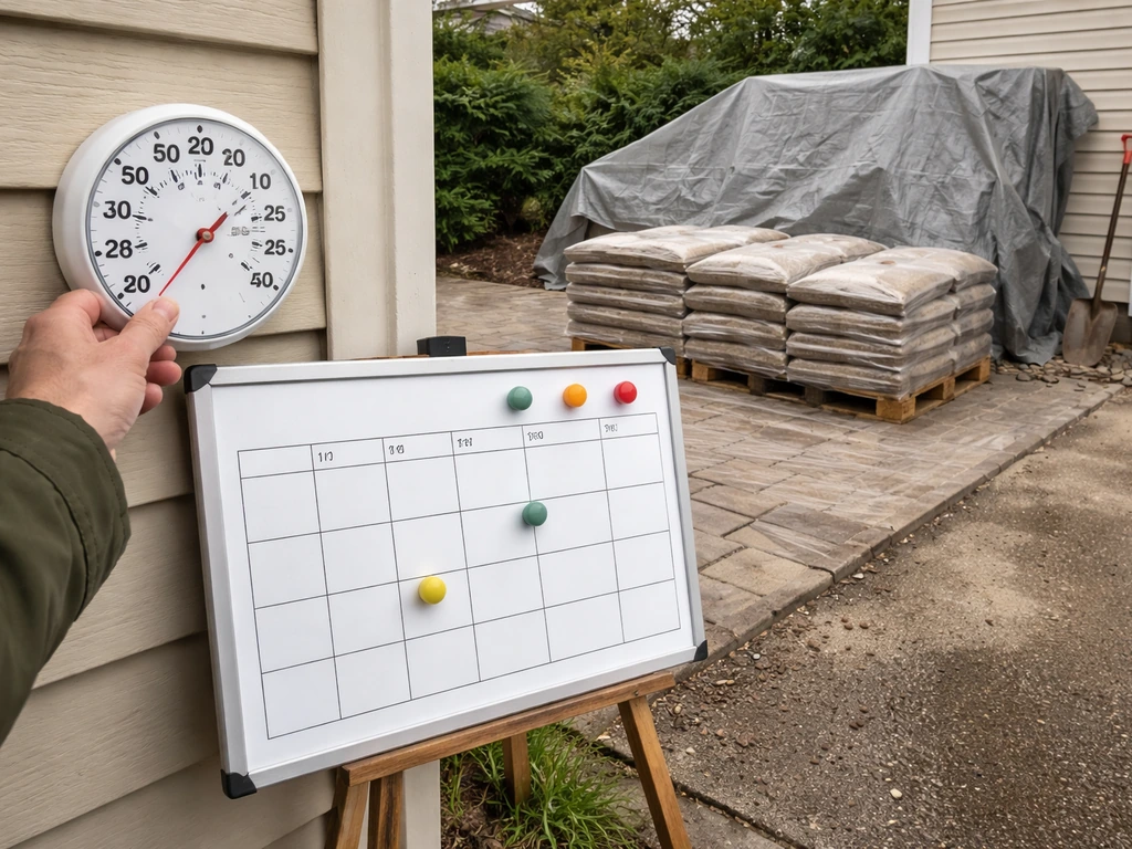 Materials staged on a home driveway with a simple calendar-style scheduling board for a multi-day patio job