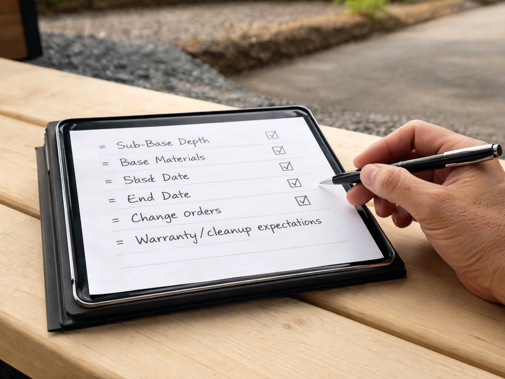 Contract checklist on a clipboard/tablet with a pen and visible notes about sub-base, materials, dates.