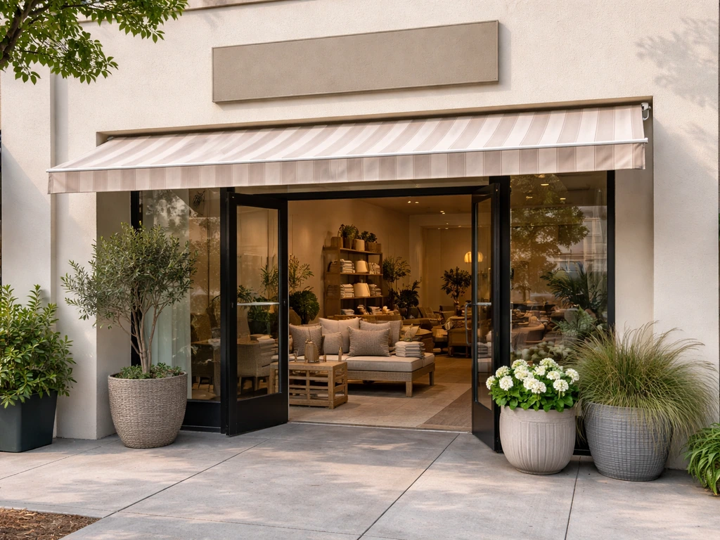 Clean outdoor patio retailer storefront with patio furniture display and awning, no people