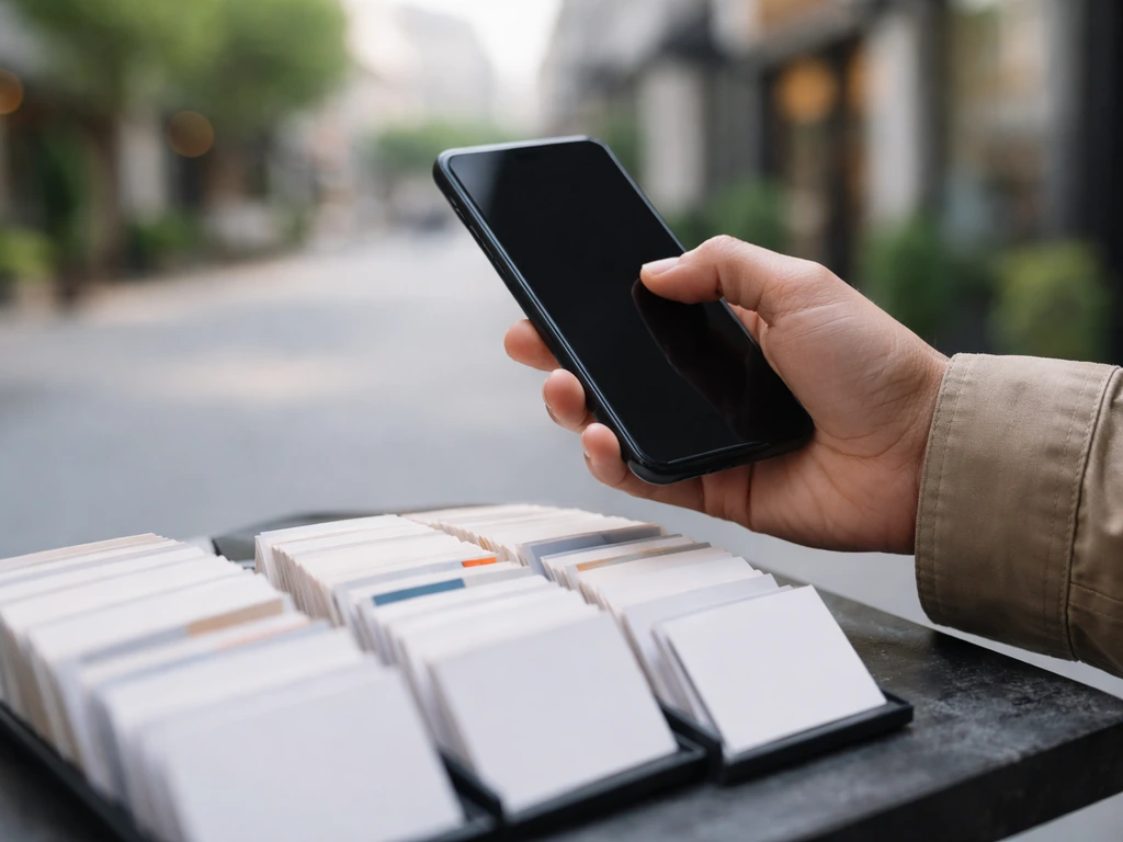 Hand holding a smartphone over a simple city directory-style scene with indistinct listings