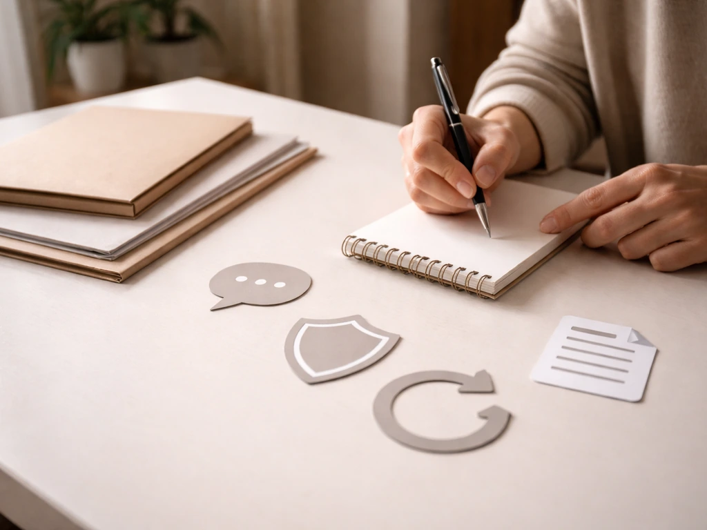 Anonymous hands jotting notes on a notepad with documents nearby and small icon cutouts for next-step checklist.