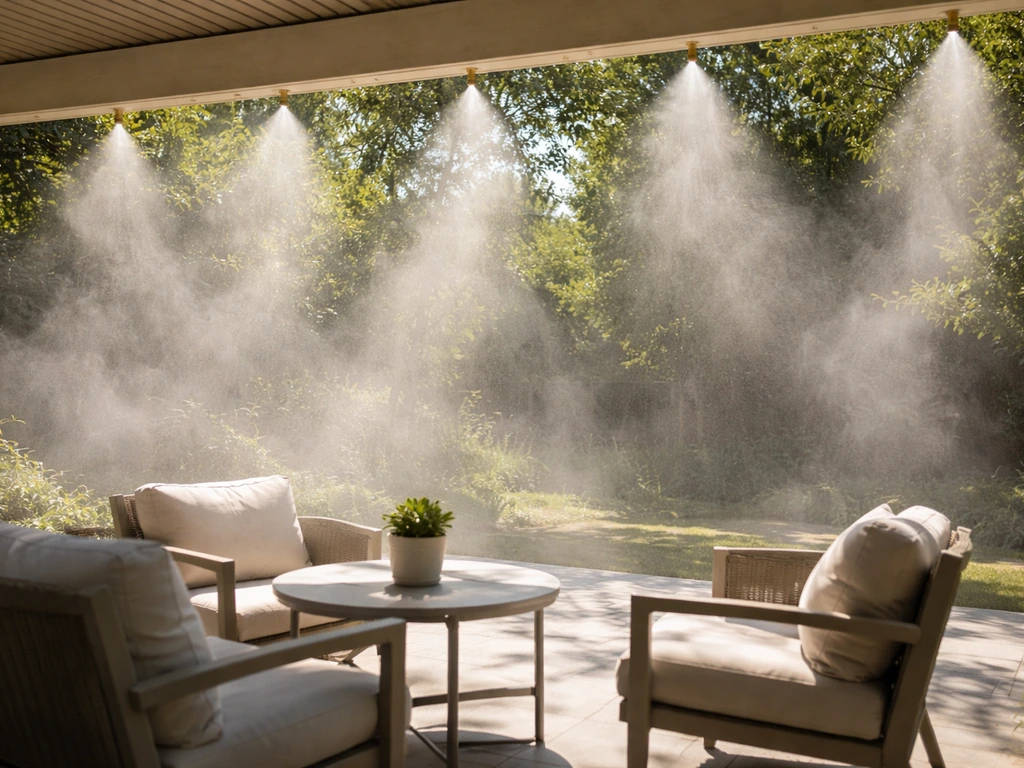 Wide patio on a warm day with overhead mist nozzles cooling the outdoor area, visible cooling spray.