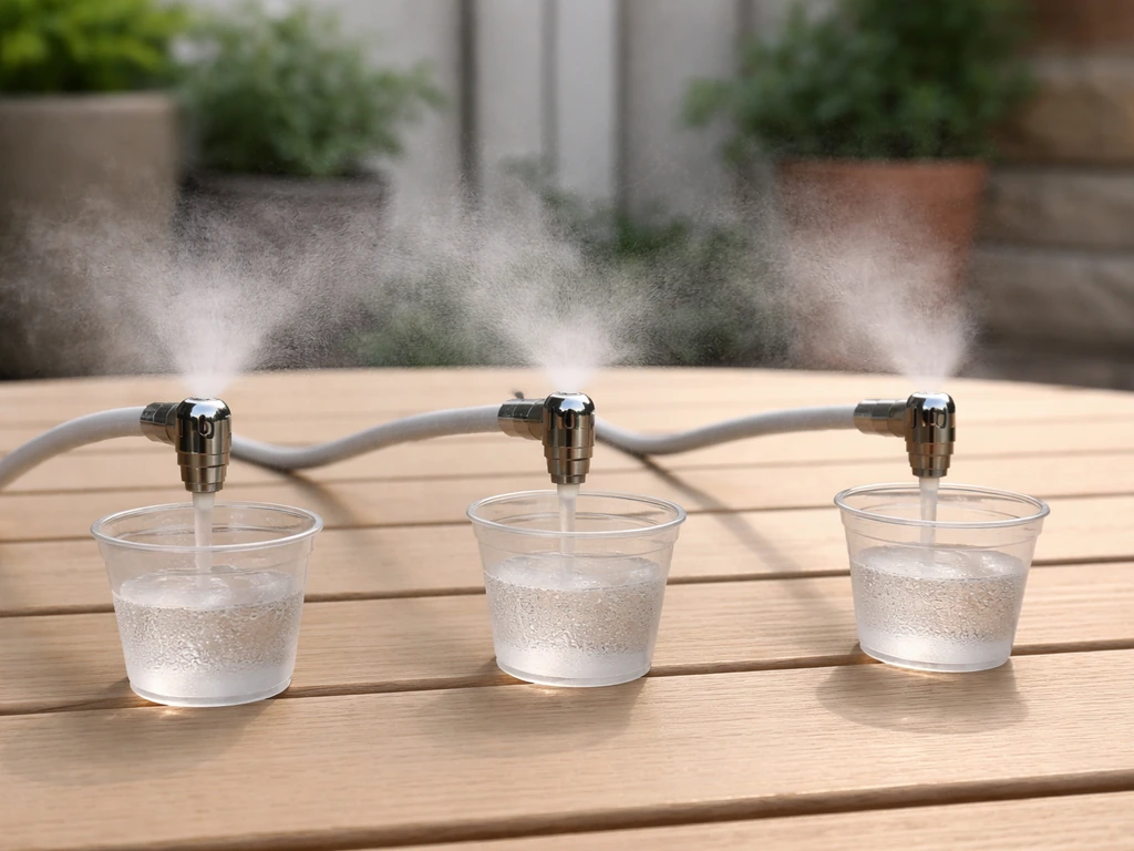 Three patio mist nozzles with subtle droplet mist and tiny collected water cups for mist quality comparison.