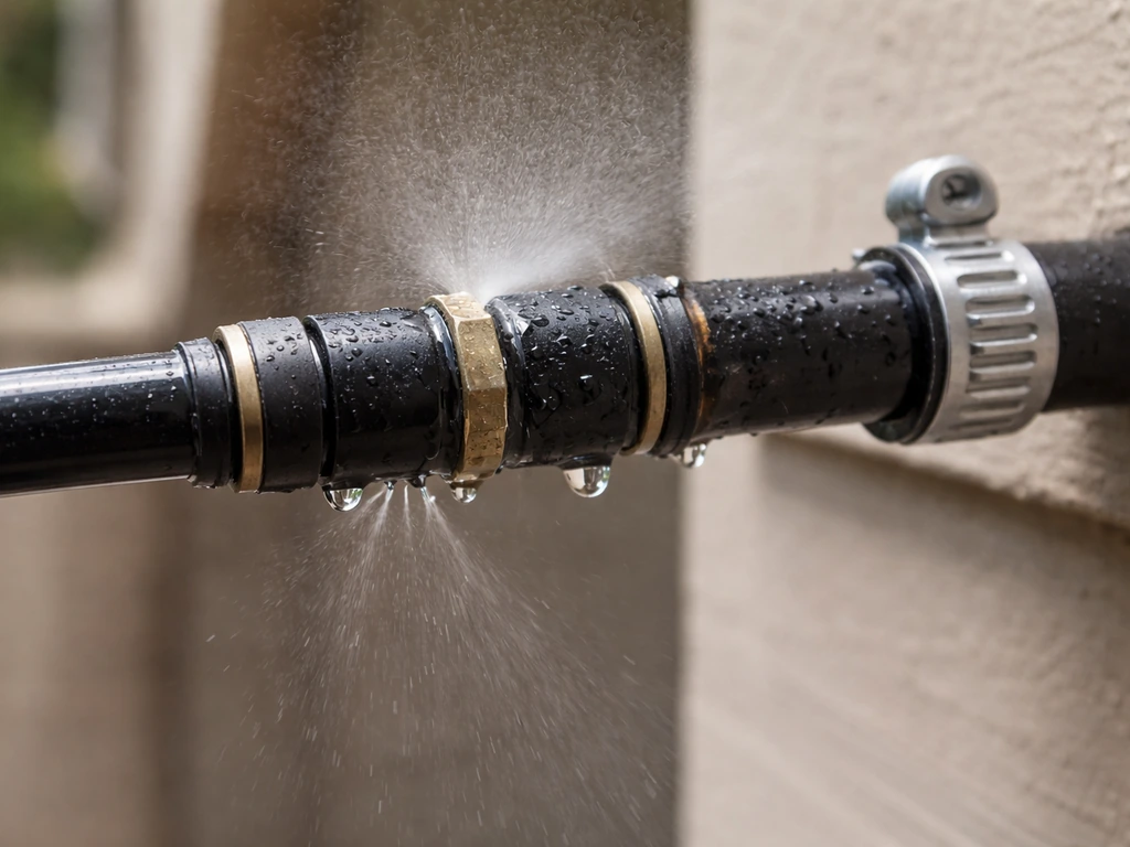 Tight photo of leaking misting fittings with wet slip-lock adapter connections and visible nearby components.