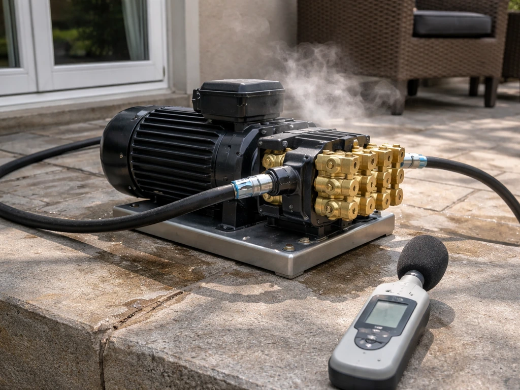 High-pressure pump running outdoors beside a quiet patio, with a sound meter nearby to suggest noise.