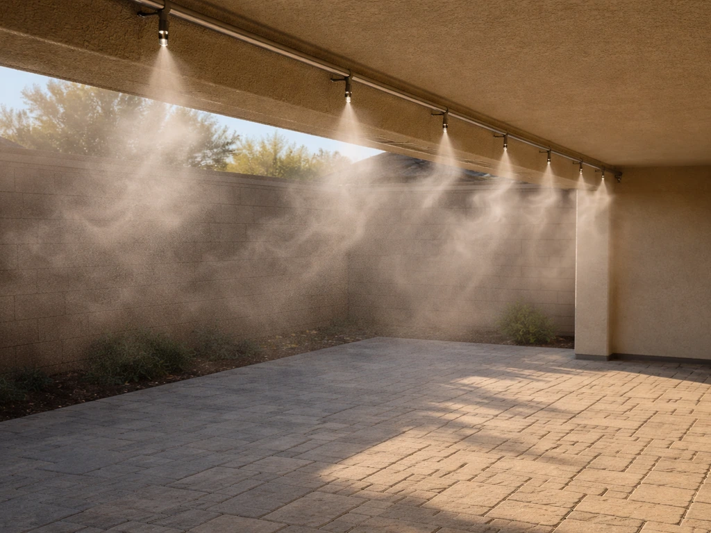 Misting nozzles mounted along a covered patio ceiling with visible airflow haze over warm stone flooring.