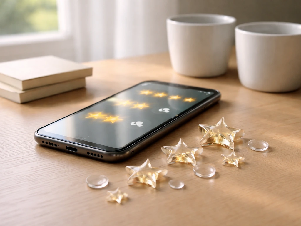 Minimal desk scene with a smartphone and decorative star shapes suggesting review ratings, no text.