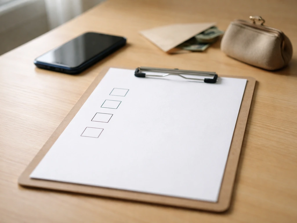 Minimal clipboard with blank checkboxes beside a phone on a wooden desk, under natural light.