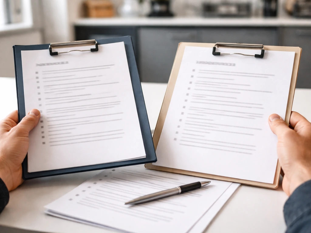 Contractor’s hands reviewing a document checklist with an insurance certificate folder on a table