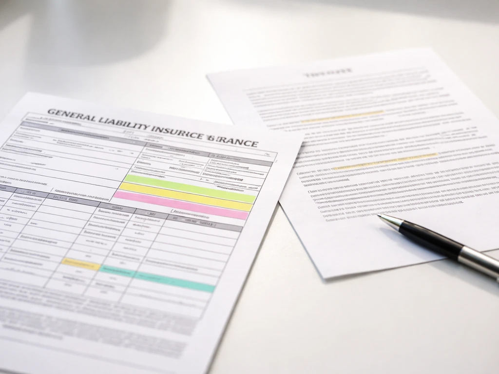 Close-up of an active general liability insurance certificate beside a written contract page with key fields highlighted