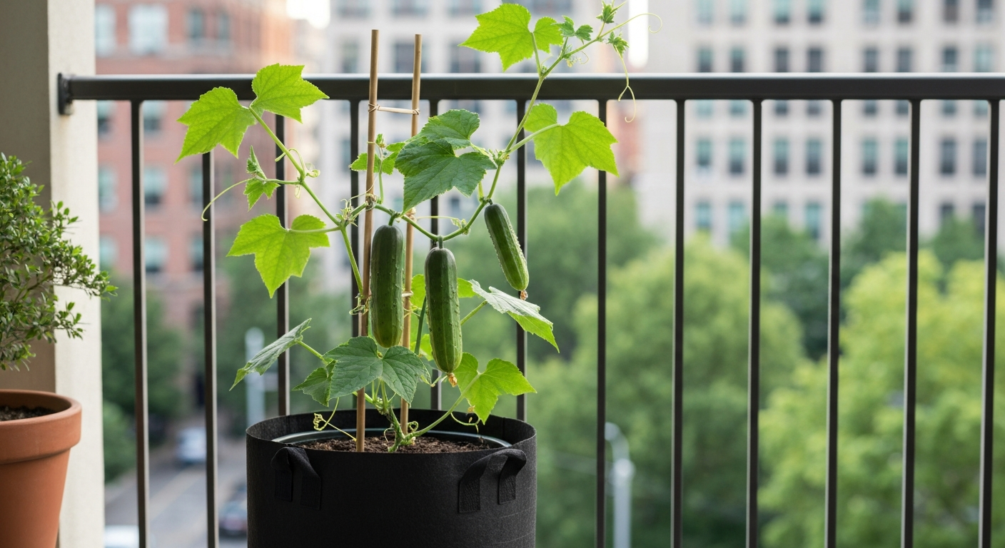Patio Snacker cucumber plant in a 15-gallon fabric pot on a balcony trellis, showing 6–8 inch fruits and compact vine habit.