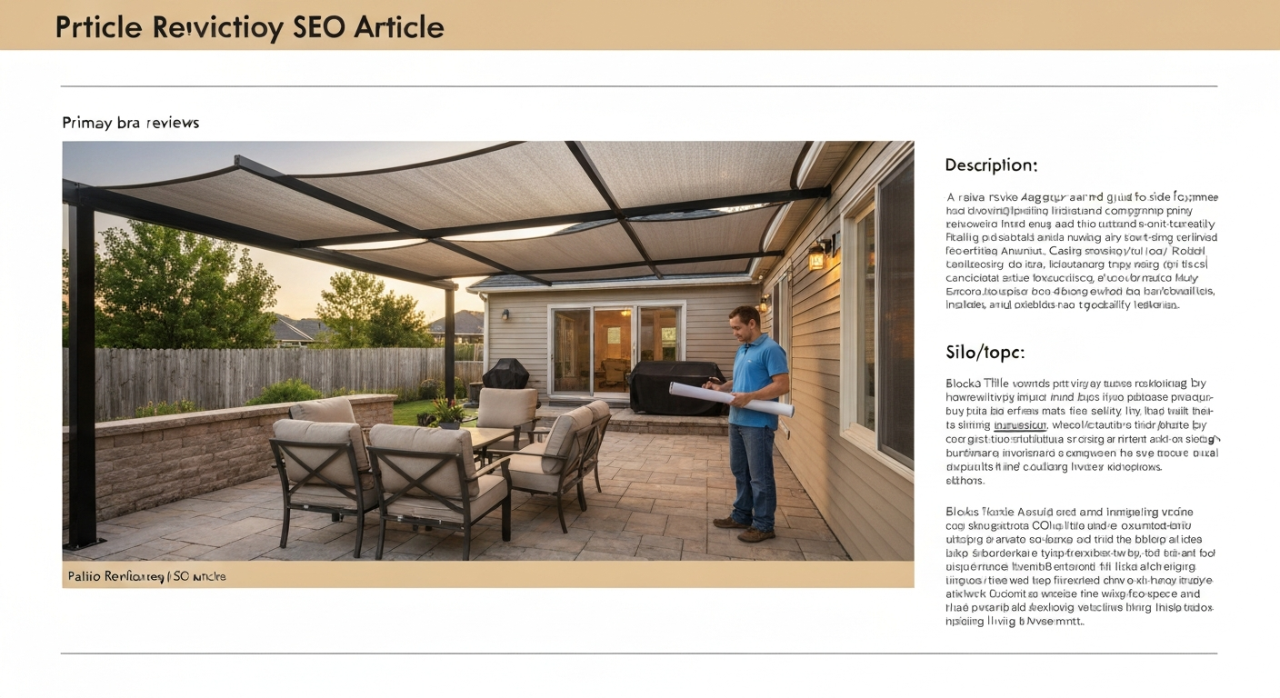 Homeowner reviewing contractor reviews on a tablet under a custom vinyl-fabric patio cover with installer and plans nearby.