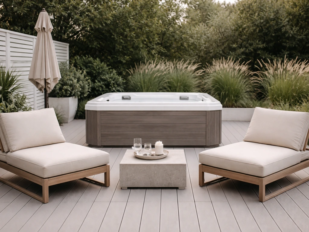 Minimal outdoor patio scene featuring modern lounge seating and a hot tub centerpiece, styled for a game pack overview.