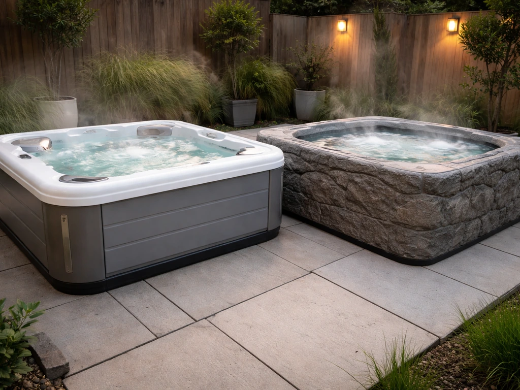 Two Sims-style hot tubs in a patio setting, showing polymer vs stone variant differences