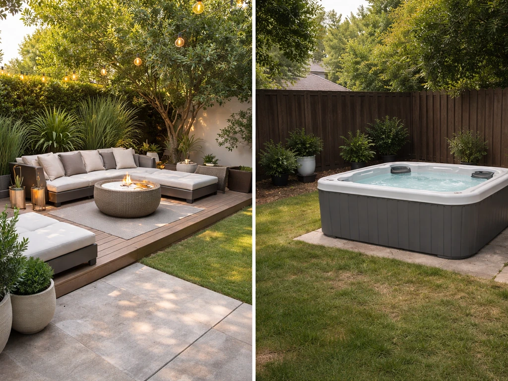 Split backyard scene: one side shows an upgraded patio lounge hot tub setup, the other is a basic hot tub area.