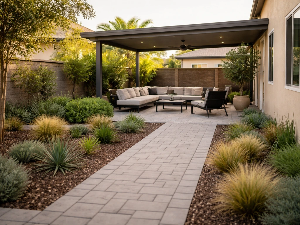 Modern finished Southern California patio with pavers, drought-tolerant landscaping, and covered seating area.