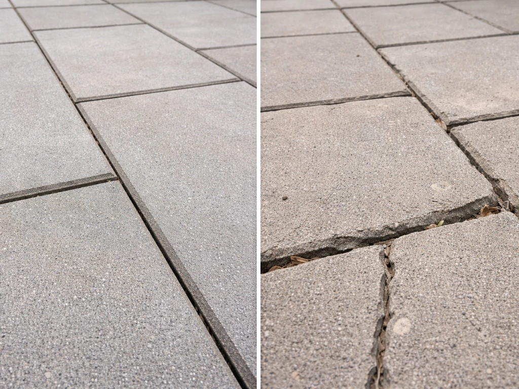Split-screen close-ups comparing a clean, level patio surface to an uneven, cracked patio section.