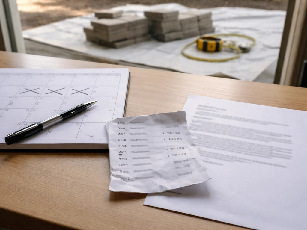 Contractor desk with a simple crossed-off calendar and blurred call/email notes beside patio materials.